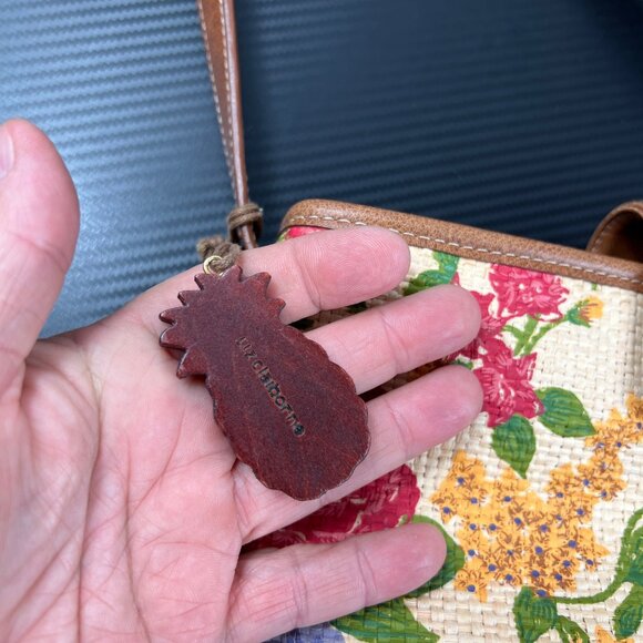 VTG Liz Claiborne Woven Floral Straw Shoulder Bag Leather Trim Pineapple Charm - Picture 4 of 16